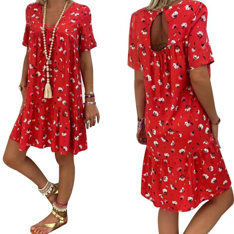 Женские платья Boho печати v-образным вырезом с коротким рукавом футболки платье