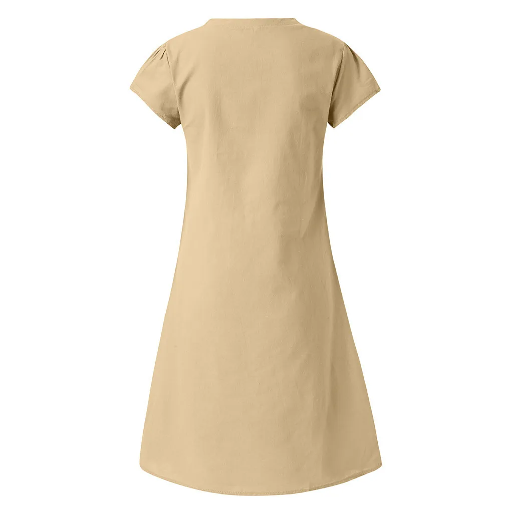 Летние Женские однотонные платья с коротким рукавом Feminino Vestido Футболка женская повседневная из хлопка и льна размера плюс Дамское Платье