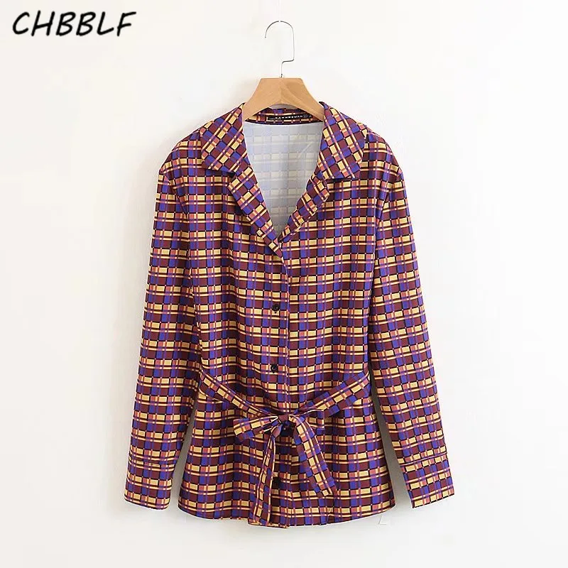 CHBBLF Женская клетчатая рубашка с длинным рукавом и отложным воротником блузки