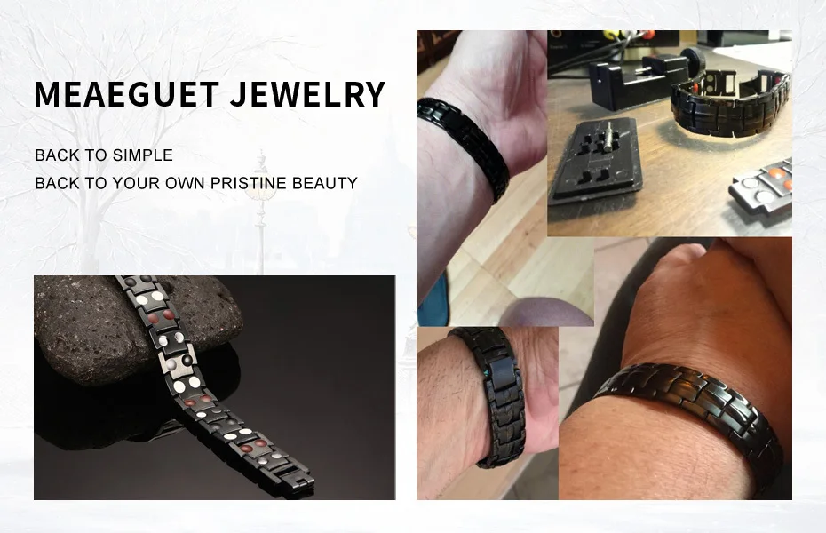 Meaeguet Casual Healthy Energy Bracelet Jewelry For Men Black Stainless Steel Chain Link Magnet Therapy Bracelets 15mm Wide
