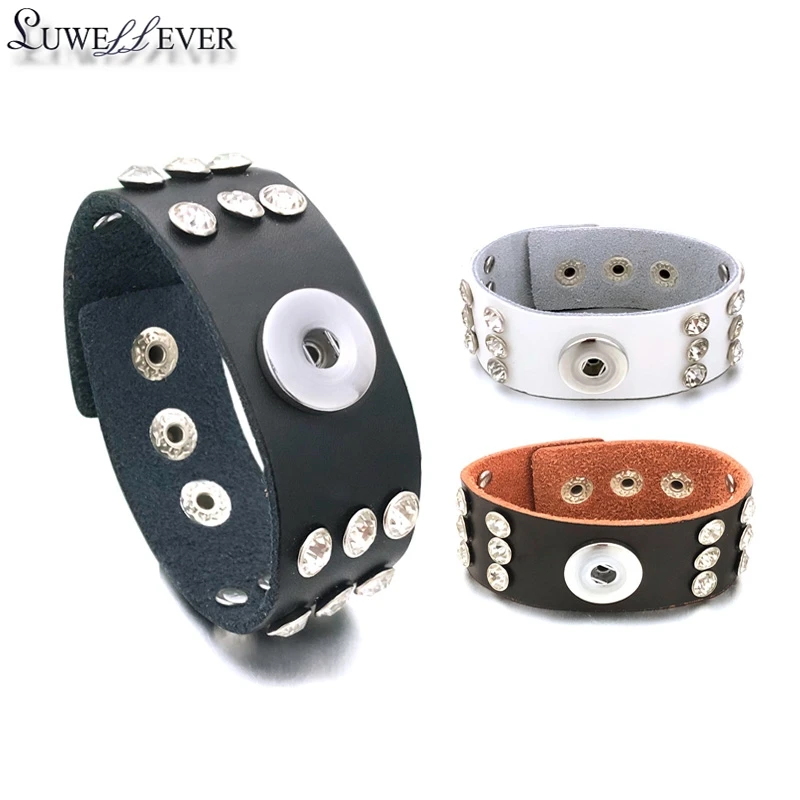 

Fashion 099 Interchangeable Really Genuine Leather Crystal Bracelet 18mm Snap Button Bangle Charm Jewelry For Women Men Gift