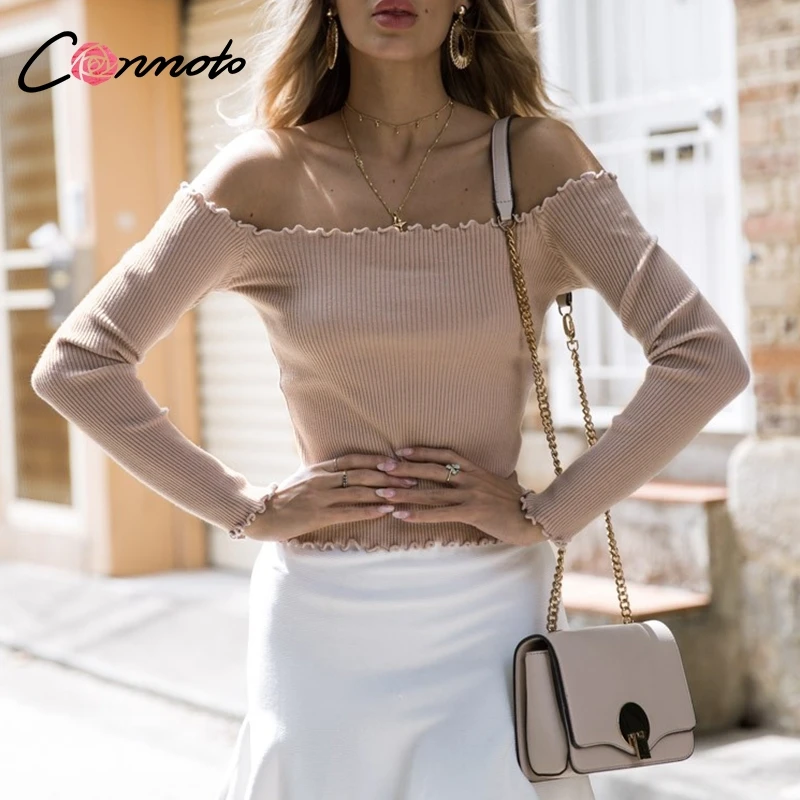 Conmoto Однотонный винтажный джемпер с открытыми плечами сексуальный базовый