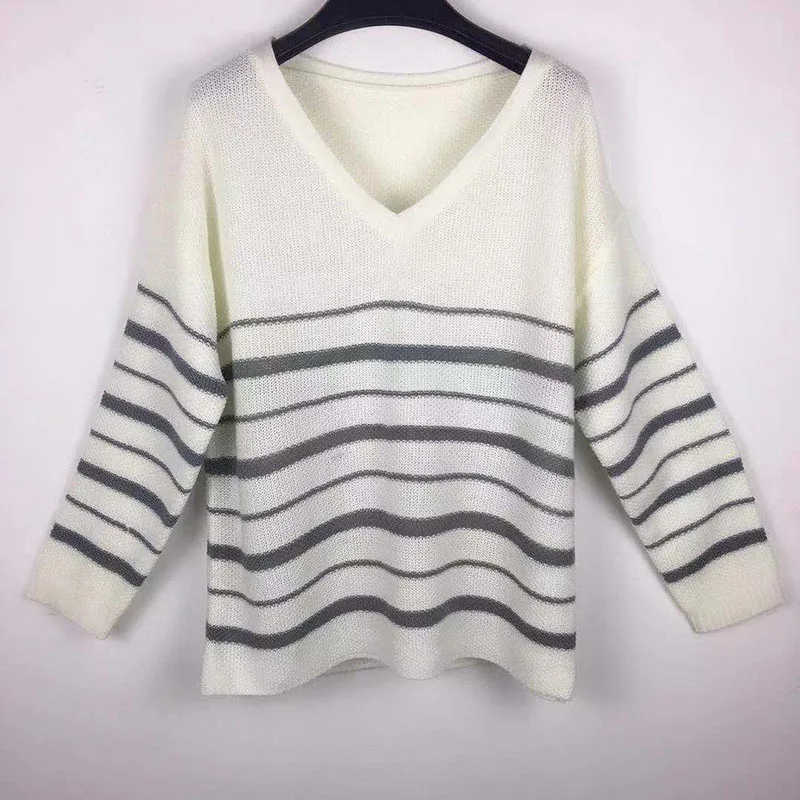 

Casual Loose Striped V-Neck Pullover Sweater Womens 2019 New Brand Autumn Women's Knitted Jumper Sweaters Oversized S-3XL