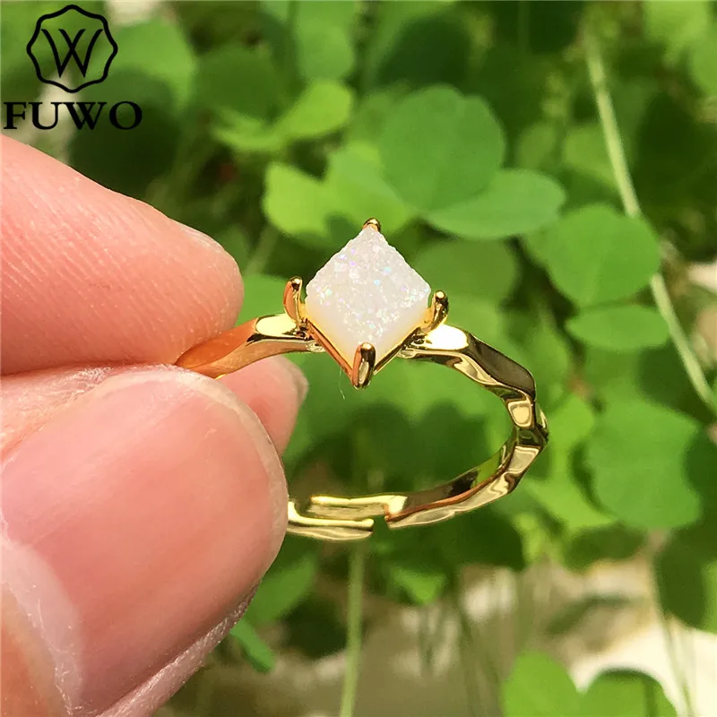 FUWO квадратное кольцо Aura Druzy с 24K золотым наполнением, минималистичный дизайн, необработанные кольца Druzy для женщин, регулируемый размер RG017