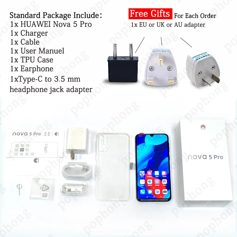 huawei Nova 5 pro, 8 ГБ, 128 ГБ, мобильный телефон, четыре ядра, 6,39 дюймов, OLED, Android 9,0, 3500 мАч, встроенный экран, отпечаток пальца, Google play
