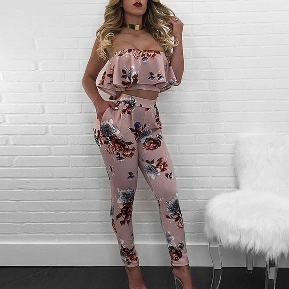 Розовый спортивный костюм для женщин с цветочным принтом без бретелек