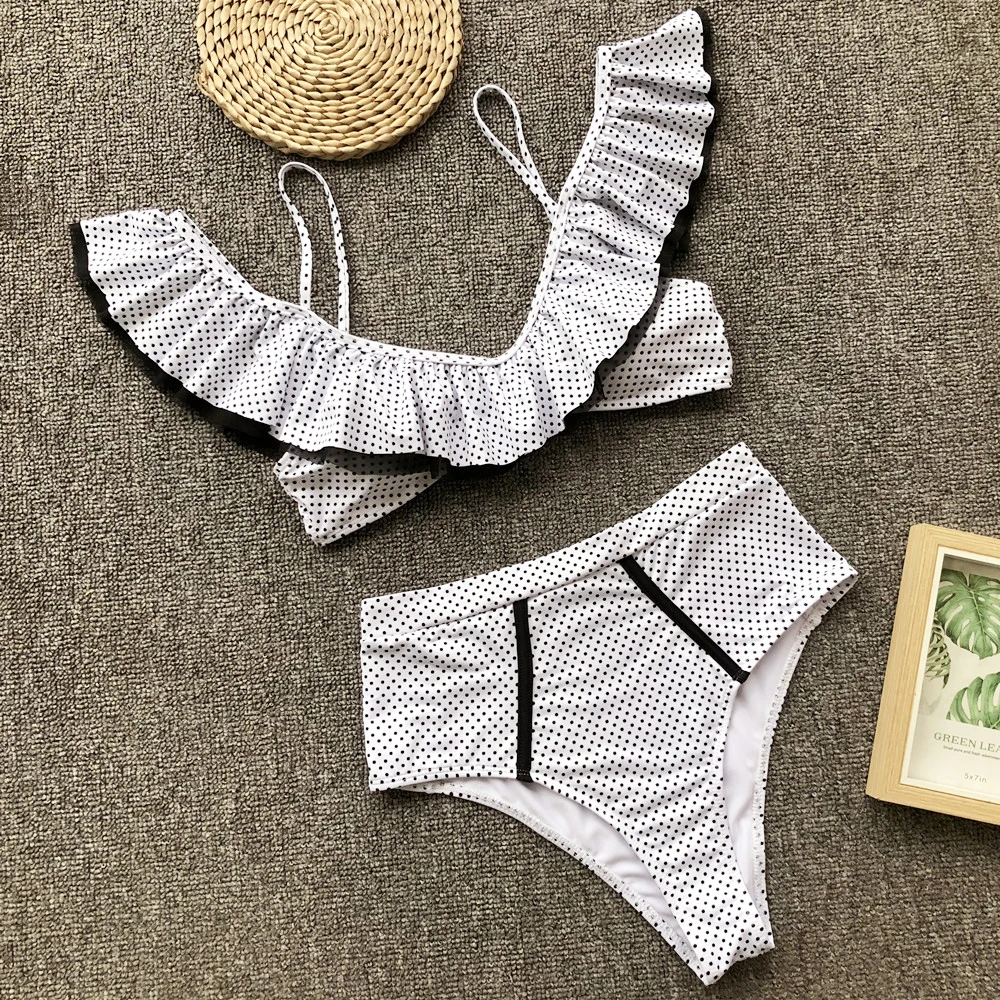 

ZMTREE Dot Print Bikini Set High Waist Bathing Suits Women Swimwear 2019 Deep V Swimsuit Ruffled Beachwear Off Shoulder Biquini