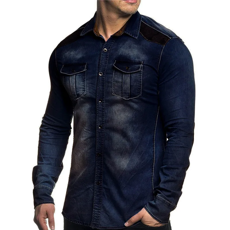 Dark blue Мужские рубашки, мужские модные джинсовые рубашки в стиле пэчворк, мужские винтажные повседневные приталенные джинсовые рубашки с длинными рукавами, ковбойские топы, мужская одежда - Цвет: Dark blue
