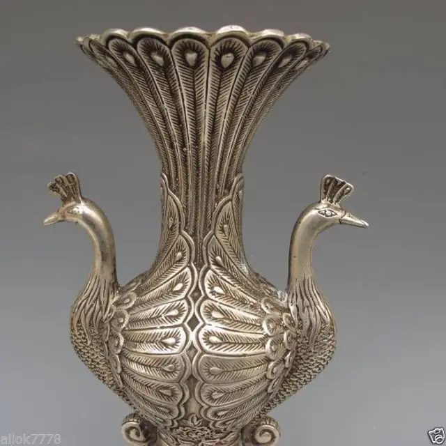 Старая ручная работа медная тибетская Серебряная резная ваза с павлином