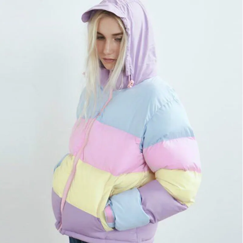 2019 Rainbow colorful Cotton Padded Parkas Women Autumn Winter Detachable hat Coat  Macaron Pastel Panel Puffer Jacket Coats
