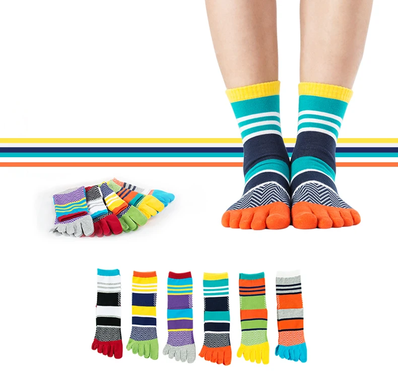 5 pairs/lot Mens Summer Cotton Toe Socks Striped Contrast Colorful Patchwork Men Five Finger Socks Free Size Basket Calcetines