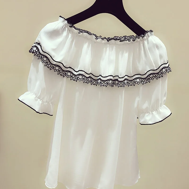 Korean Fashion Clothing 2021 Ladies Tops Shirt Of Women Solid Slash Neck Shirts White Blouse Off Shoulder Top 3510 50 | Женская одежда