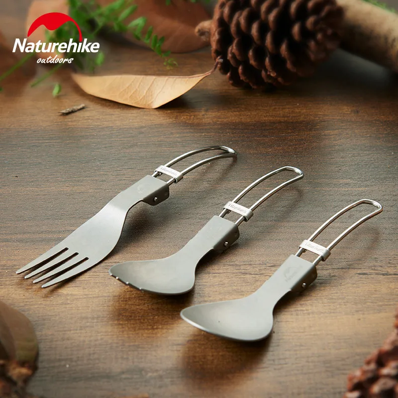 

Складная Титановая посуда Naturehike, портативные многофункциональные столовые приборы, металлические противоскользящие ножи, вилка, ложка для...