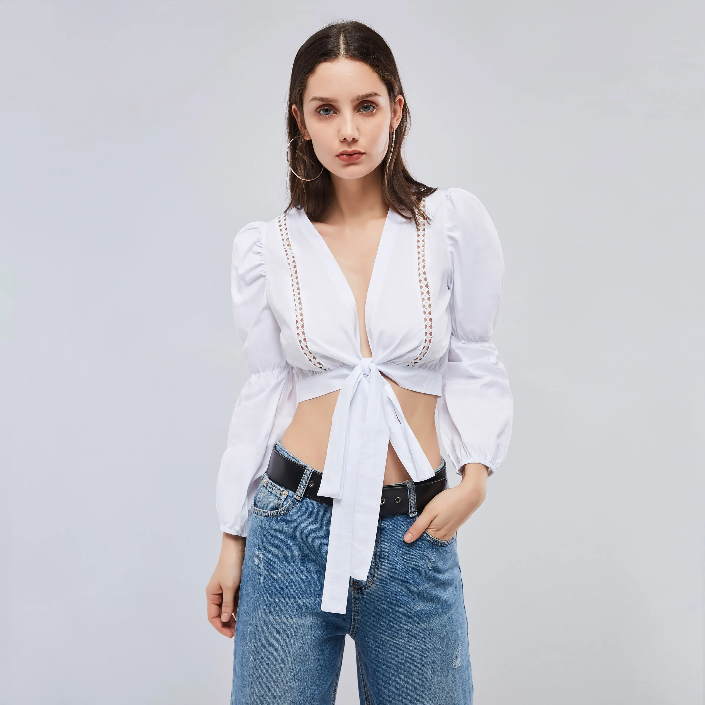 Гот сексуальные пупка Chic блузка Для женщин осень 2018 Кружева полые глубокий V топ