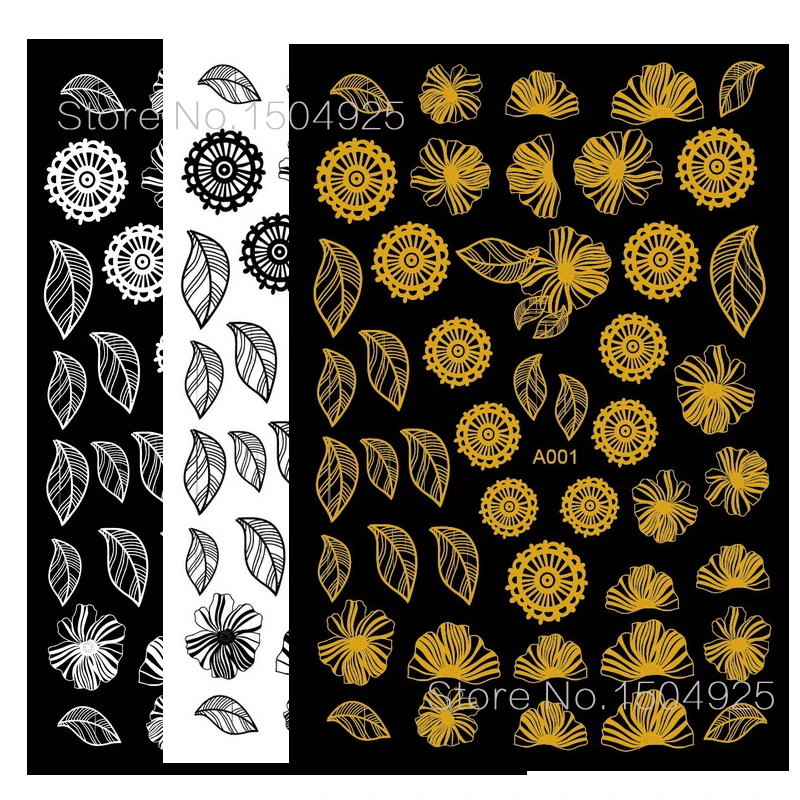

Top quality White Black Gold Flower Art Stickers Decoration for Nails Sticker Manicure Design Back Glue Nail Decals Accessoires