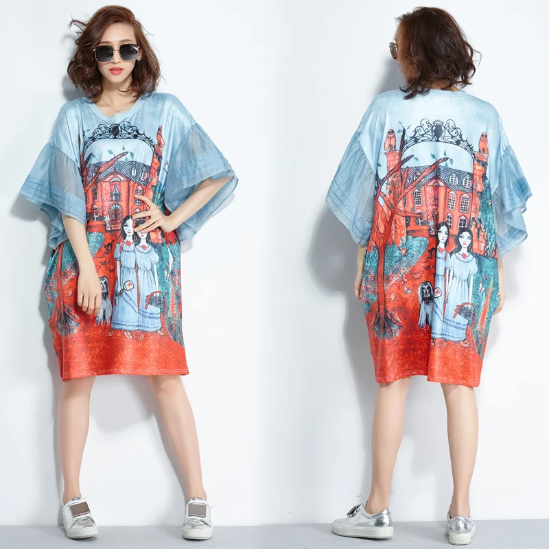 

Plus Size Korean Style Summer Long T-shirt Women Cartoon Print T shirt Loose Petal Sleeve Tops Tee shirt Femme Student Clothing