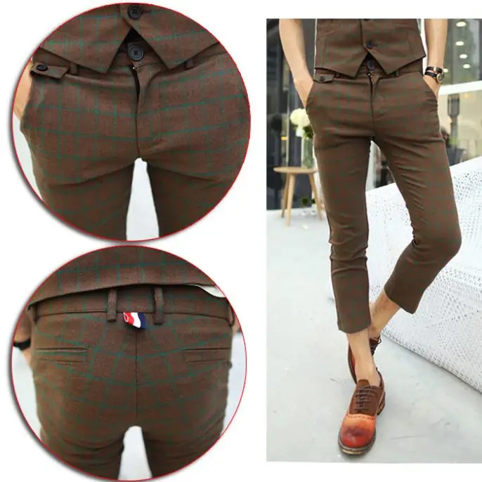 Men Vintage UK Stylish Checked College Gathering 3/4 length trousers Capri Pants | Мужская одежда