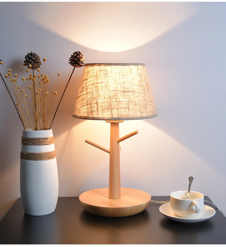 

Modern Nordic Elegant Wood Fabric Led E27 Dimmerable Table Lamp For Bedroom Bedside Living Room Night Light Deco