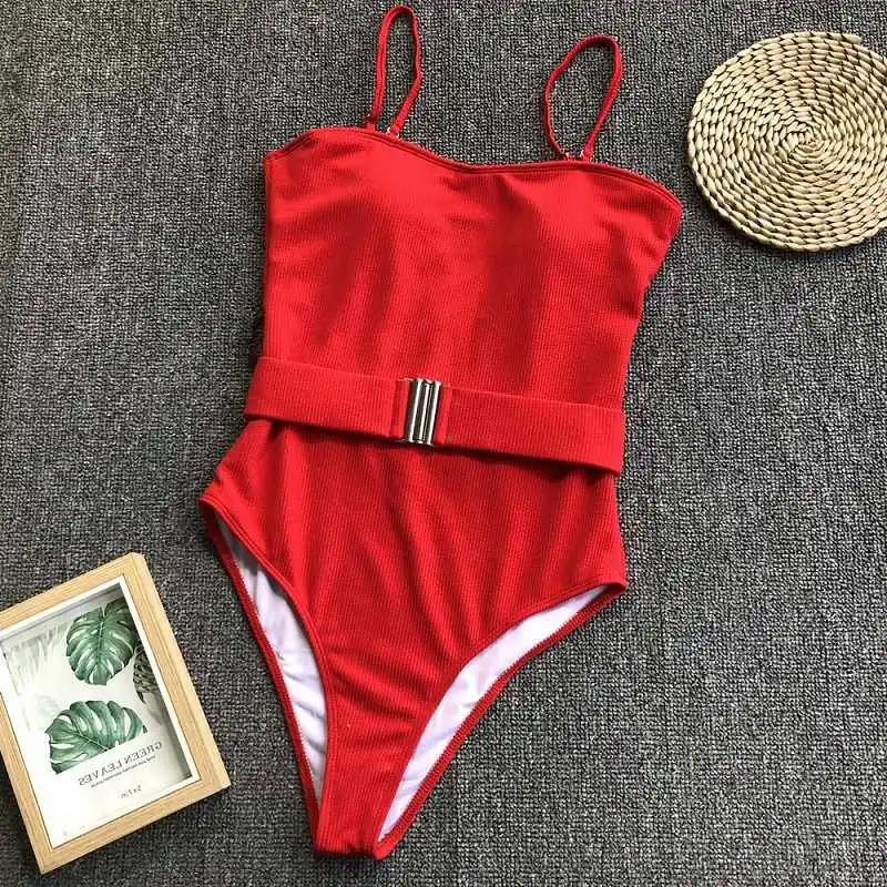 Sexy Spaghetti Strap One Piece Swimsuit Women Swimwear Vintage Bathing Suit Cut Out Monokini High Waist Bikinis Belt Bodysuit | Спорт и