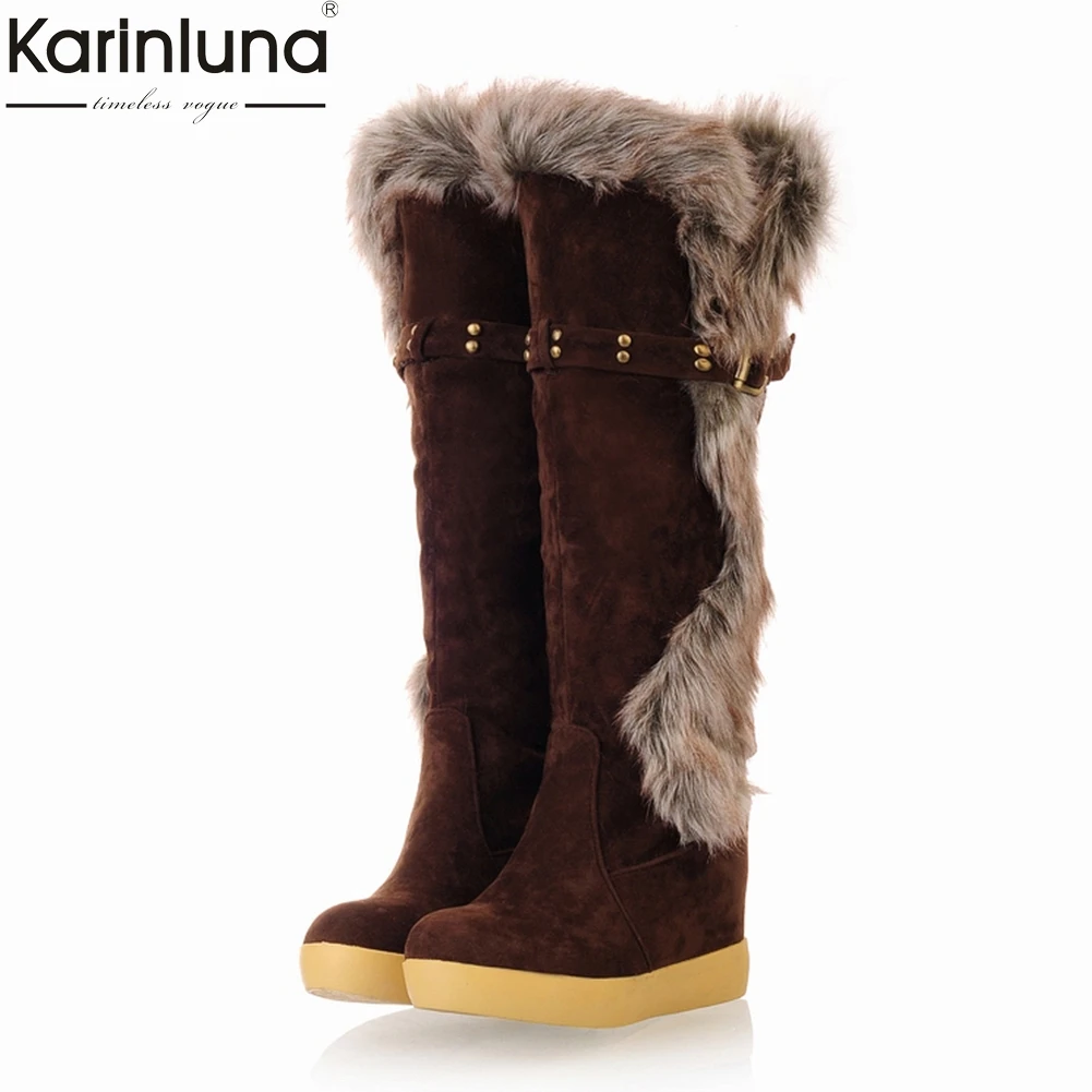 Karinluna/модные женские сапоги до колена теплая плюшевая зимняя обувь на меху на платформе теплые зимние сапоги с пряжкой женская обувь женские ботинки