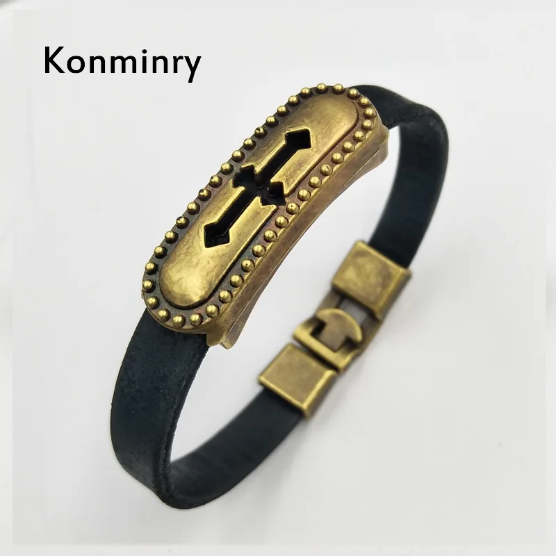 Мужской и женский кожаный браслет Konminry винтажный с металлическим крестом