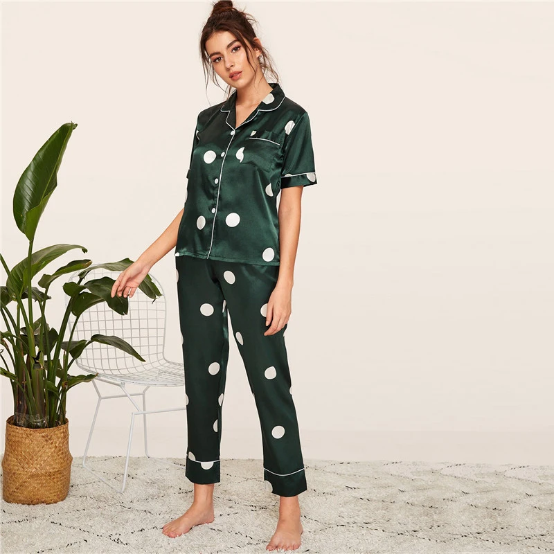 SHEIN Сатиновые весенне-летние пижамы с принтом, женская одежда, короткий рукав, длинные штаны, одежда для сна, повседневный комплект свободных пижам для дам