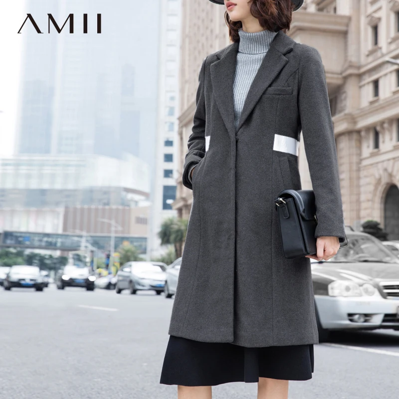 Amii Офисная Леди Женское шерстяное пальто 2018 зимнее покрытое Slim Fit кнопка Turn Down