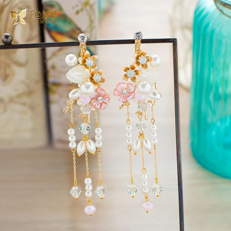 Модные длинные серьги Клип Кристалл Rhinestone Цветочный жемчуг девушка ювелирные