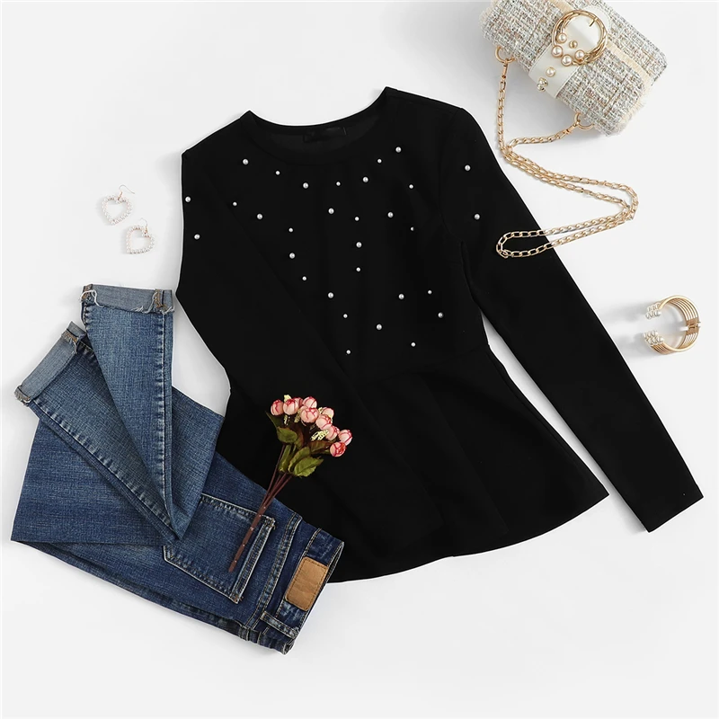 Sheinside, украшенный жемчугом, однотонный топ с баской, черная блузка, женские рубашки с длинным рукавом, Женские топы и блузки,, расклешенная Осенняя рубашка