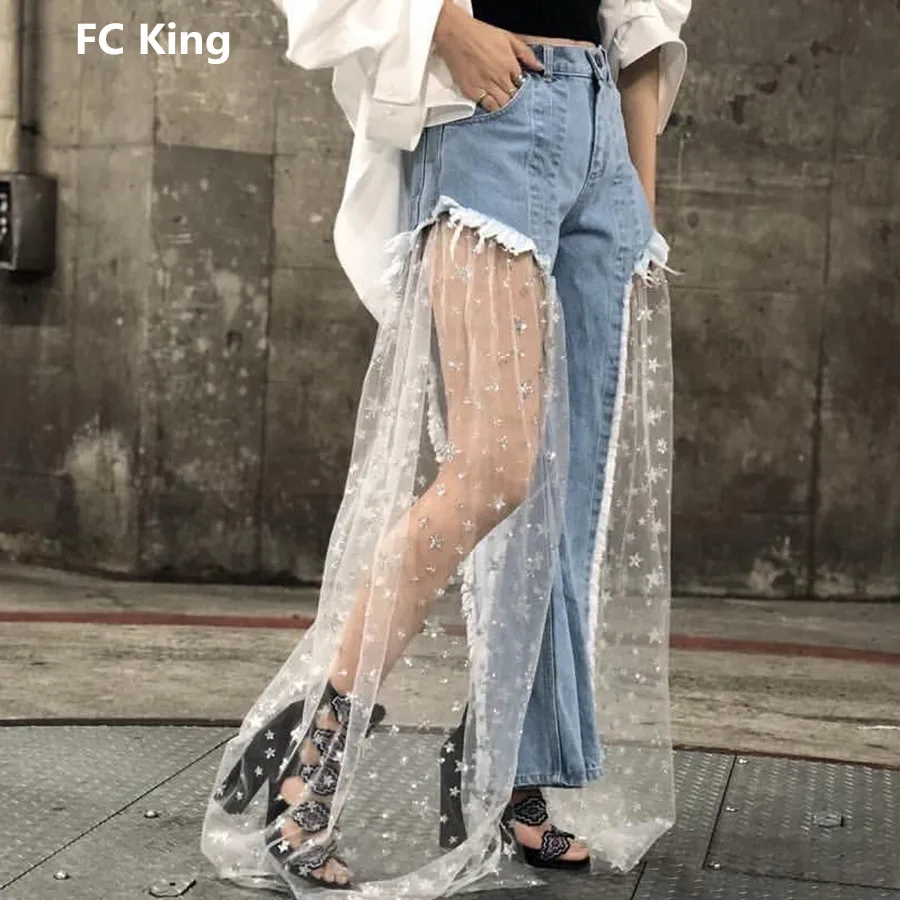 Женские джинсы в стиле пэчворк FC King черные с прозрачной сеткой и звездами летние