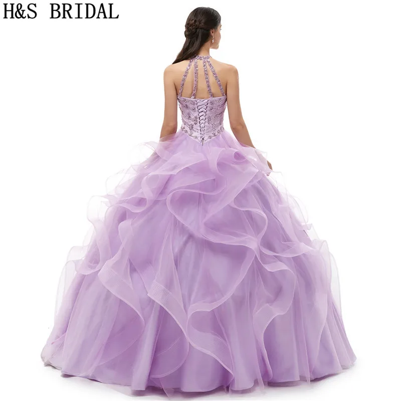 H & S/свадебное платье с лямкой на шее Сиреневое бисером бальное vestidos de 15 anos quinceanera