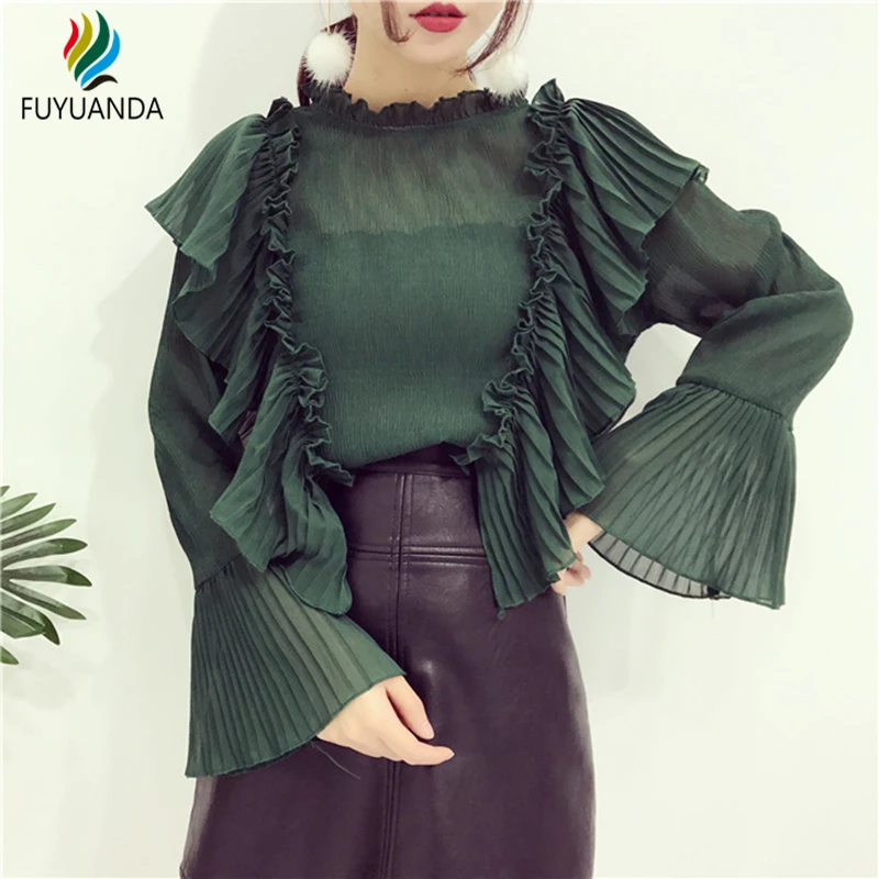 Новый Топы Для Женщин Лоскутная Оборками Плиссе Длинные Flare Рукавом 2017 Весна Лето