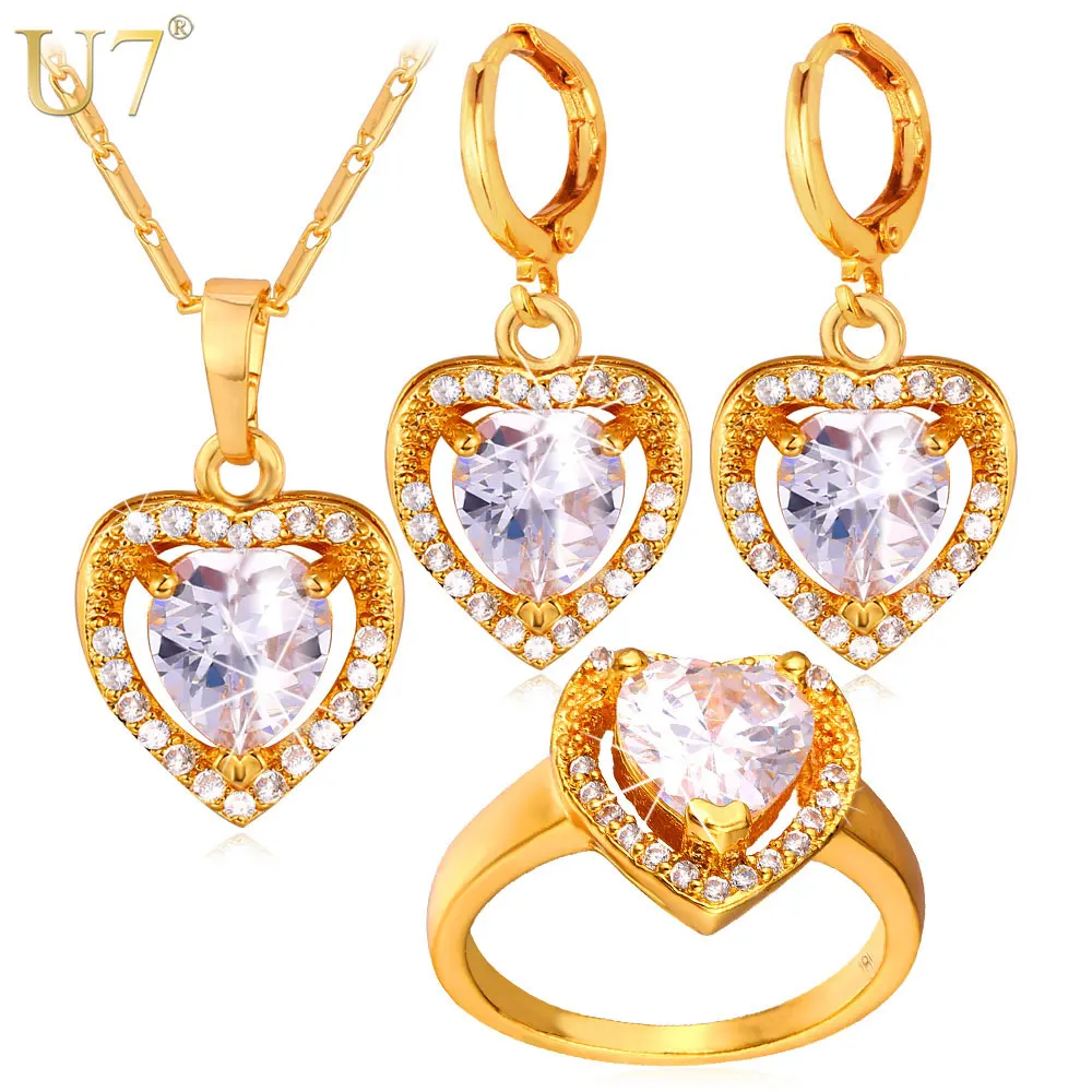 U7 Золотой /Серебряный Цвет Сердце Цирконий Серьги Кольцо Ожерелье Ювелирные
