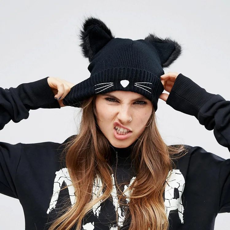 

Women Clothes Cat Ear Hats Winter Autumn Warm Bonnet Hiver Accessories Knitted Wool Fashion Lovely Beanies Skullies Earmuff
