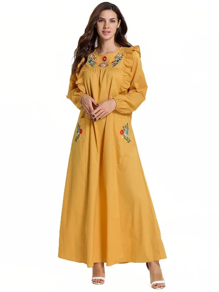 Abaya/длинное платье с вышивкой и оборками; женские мусульманские Длинные вечерние платья; jilbaw; исламский кафтан; одежда с круглым вырезом и длинными рукавами; свободное Повседневное платье
