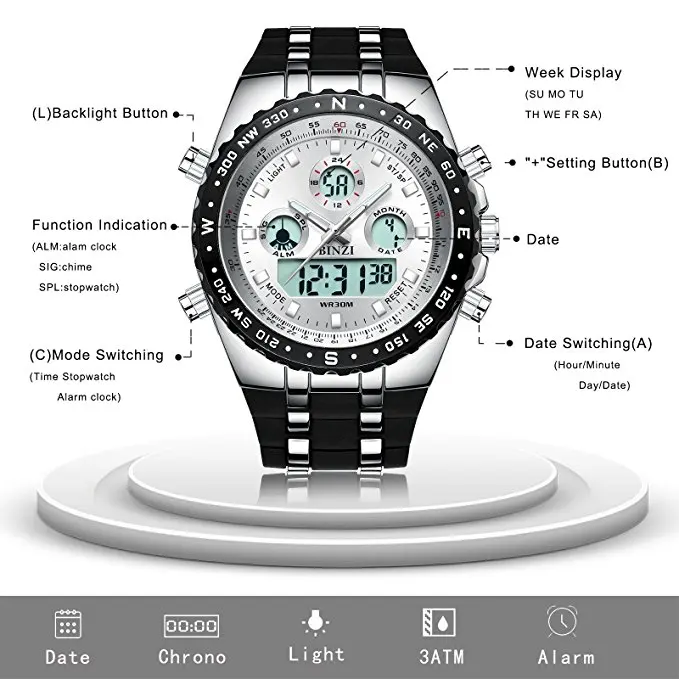 Мужские спортивные часы мужские Multfunctional Dual display наручные с большим циферблатом