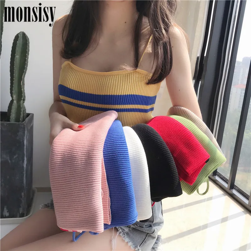 Monsisy 2019 Новый вязать StrapTank Топы Для женщин черноты жилет без рукавов Простой