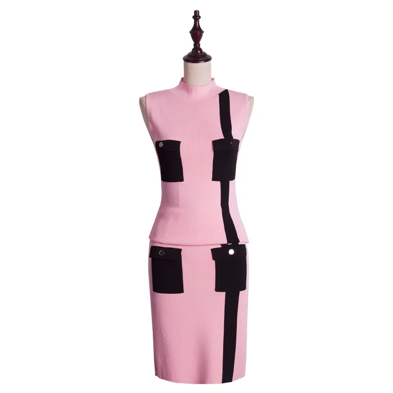 Hot Sale 2018 New fashion Knit Suit Sexy Sleeveless Underwear Sweater Shirt + Package Hip Skirt Hit Color Two Sets Of Women