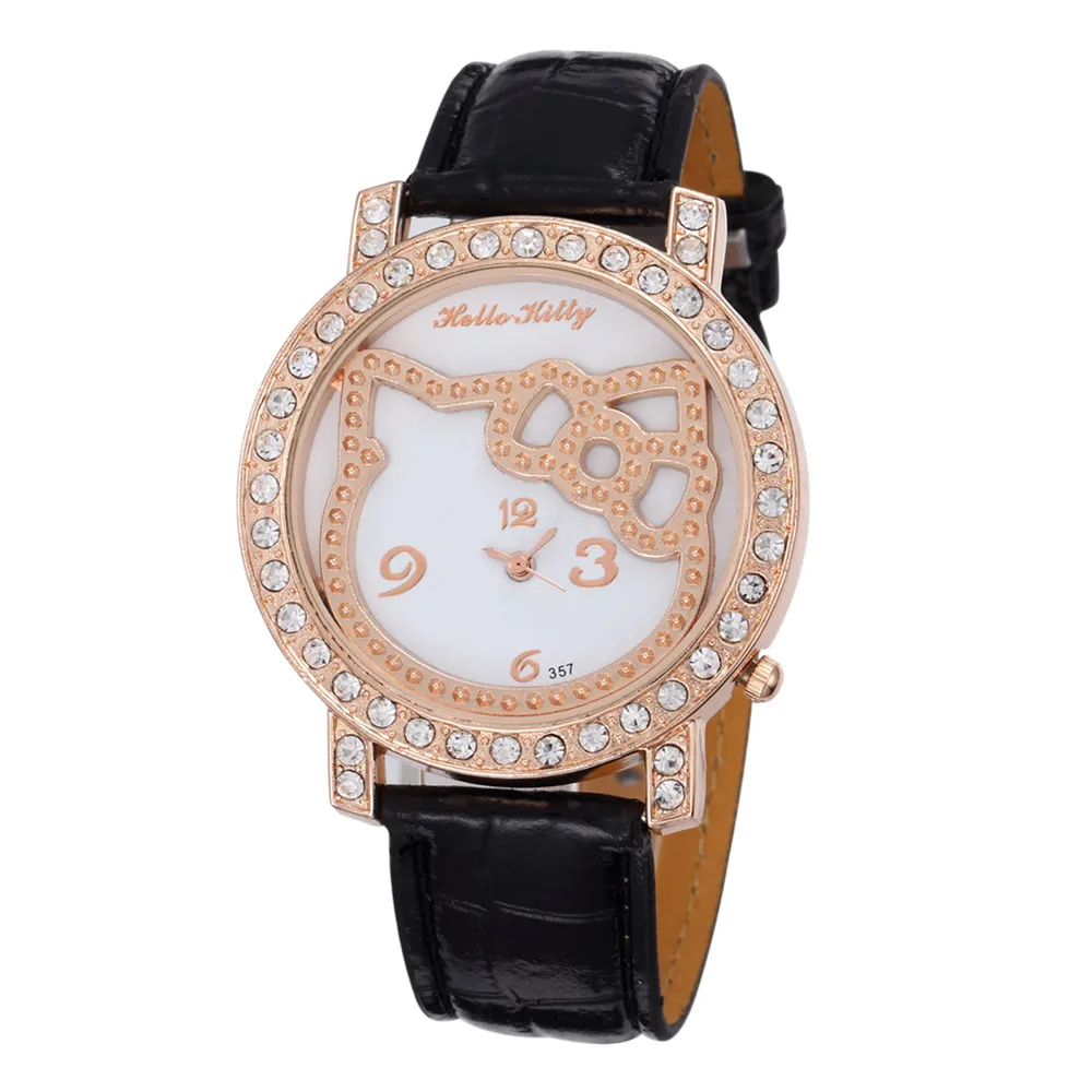 Новый дизайн Кристальные часы Hello Kitty женские модные повседневные с кожаным