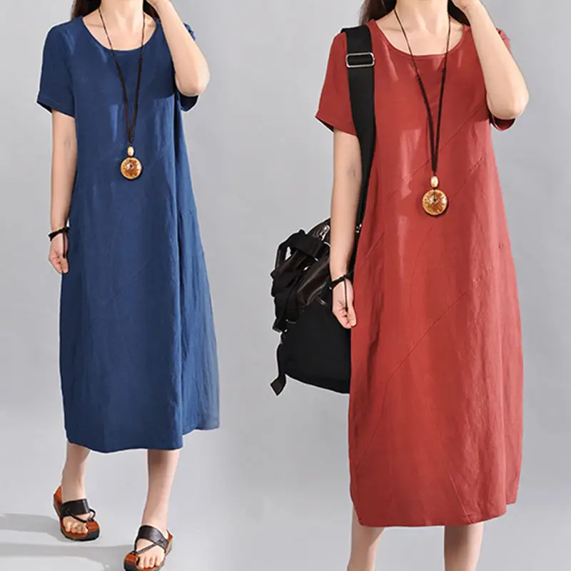 

cotton and linen women clothing summer dresses o-neck solid clothing women dresses A-line national style short sleeve dresses