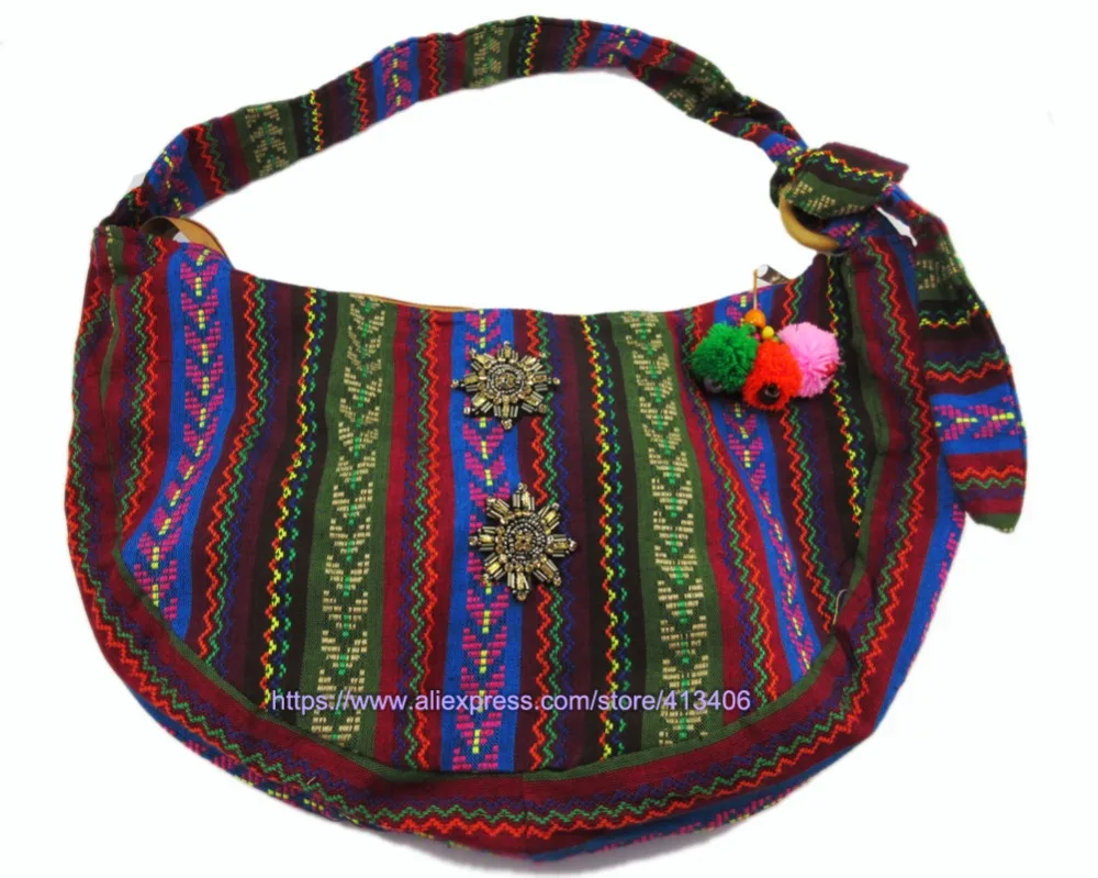 Фото Винтажная ручная сумка hmong Boho, этнический тайский индийский бохо, сумка-мессенджер, сумка-хобо, сумка-тоут, помпон, отделка бусинами, sys-1015B №3