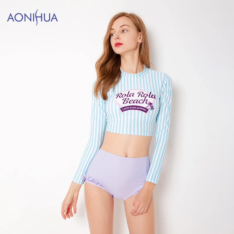 Женский купальник AONIHUA в полоску с длинным рукавом треугольный купальный костюм