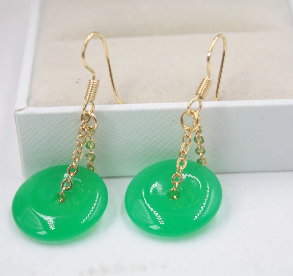 18 K желтый GP сплав и зеленый нефрит висячие серьги женские безопасные кнопки