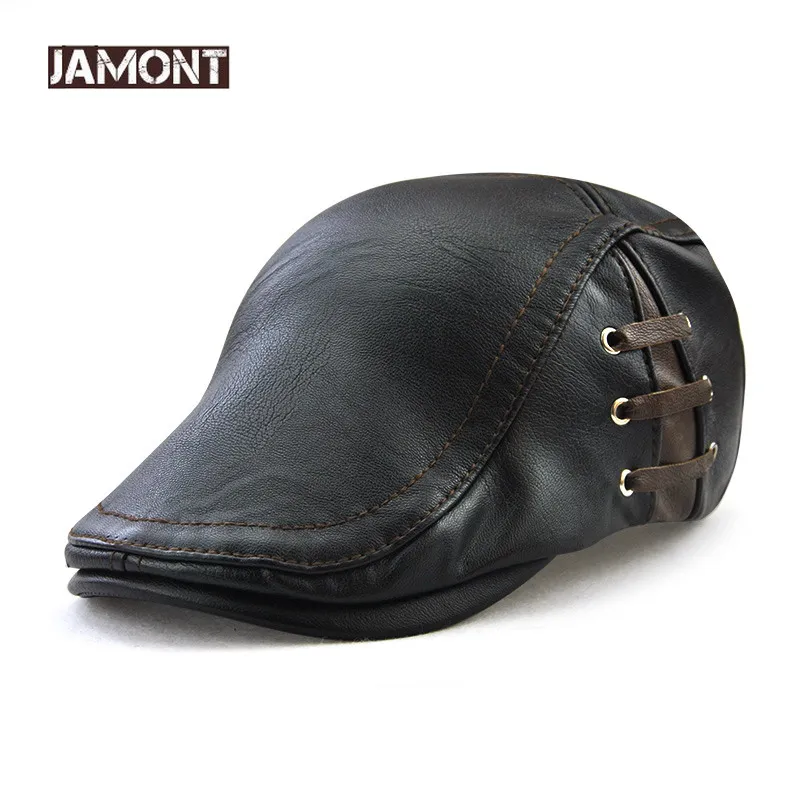 JAMONTT-Sombrero Retro con visera para hombre, boina de cuero PU, Bandage, a la moda, de invierno