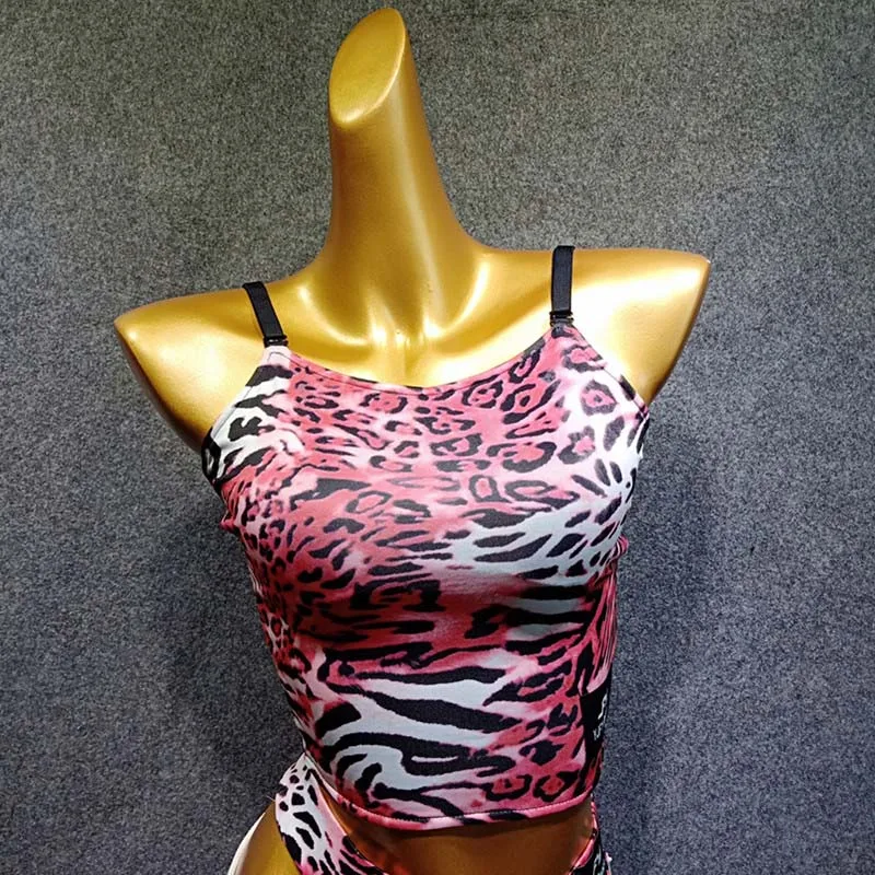 Summer Latin Dance Dress 2pcs Suit(Top+Skirt) Women Black/Pink Leopard Clothes Flamengo Modern Latin Dance Costume VDB455 - Цвет: Pink Top