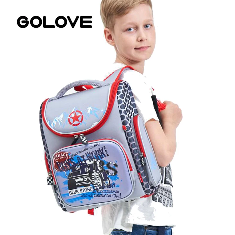 

GOLOVE brand School Bags for boys Waterproof nylon School backpacks Children Orthopedic Backpack Cartoon car book bag Grade 1-5