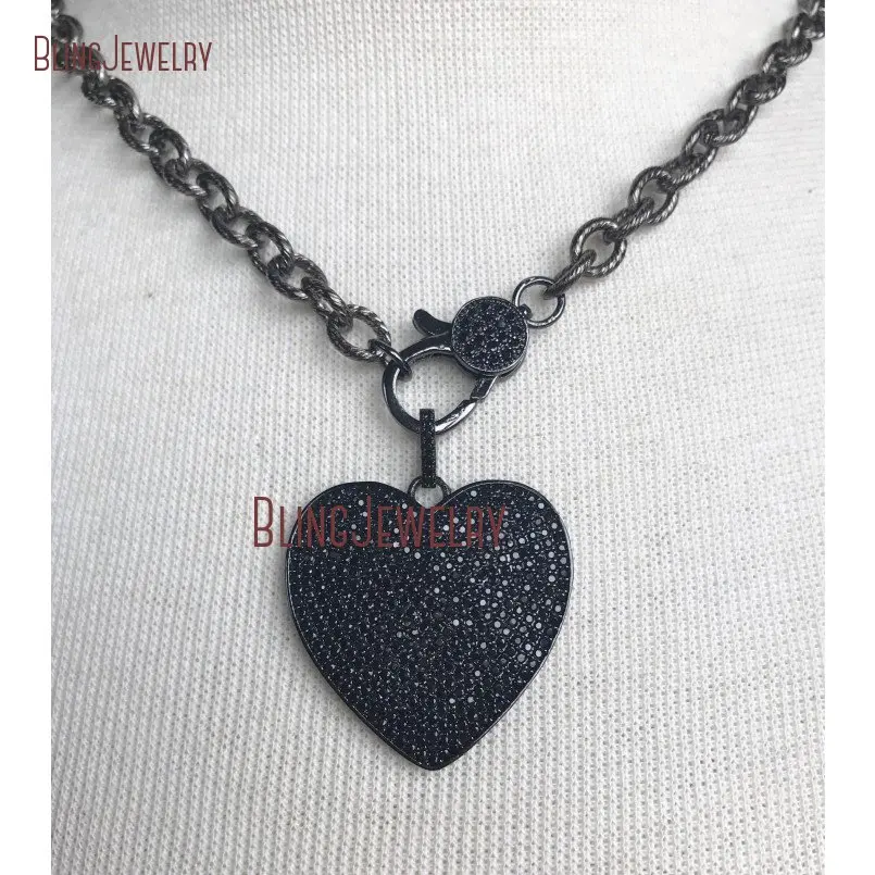 Gunmetal Pave черный кристалл Застежка чокер сердце кулон на текстурированная цепь