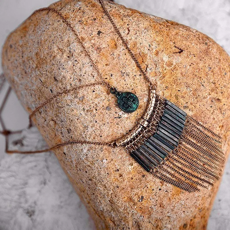 LGZH Vintage Tassel Pendant Necklace Antique Gold color Long Chain Patina metal Tube Women Ethnic Collar Jewelry | Украшения и