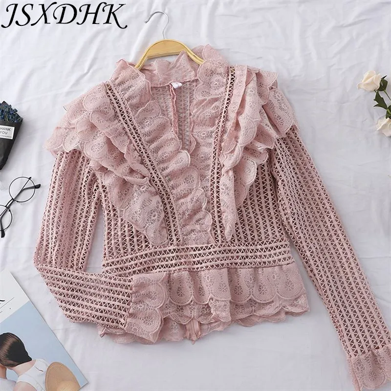 

JSXDHK Runway Women Pink Layers Ruffles Shirt Blusas Spring Fashion Lace Hollow Out Ladies V Neck Blouse Slim Flare Sleeve Top
