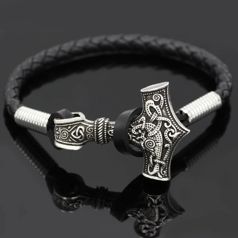Thor Hammer Mjolnir Viking Amulet Scandinavian Leather Bracelet with Gift Bag | Украшения и аксессуары